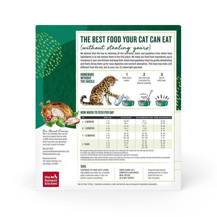 The back of the Dehydrated Grain Free Chicken Cat Food package by The Honest Kitchen features a feeding guide by age and weight, a cartoon cat cooking, and highlights its human-grade pet food made with whole ingredients for optimal feline nutrition. Enjoy our grain-free chicken recipe!.