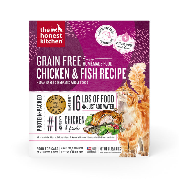Box of The Honest Kitchens Dehydrated Chicken & Fish Cat Food features a grain-free recipe made with whole foods, lion illustration, key benefits, and instructions to make 16 lbs of food by adding water.