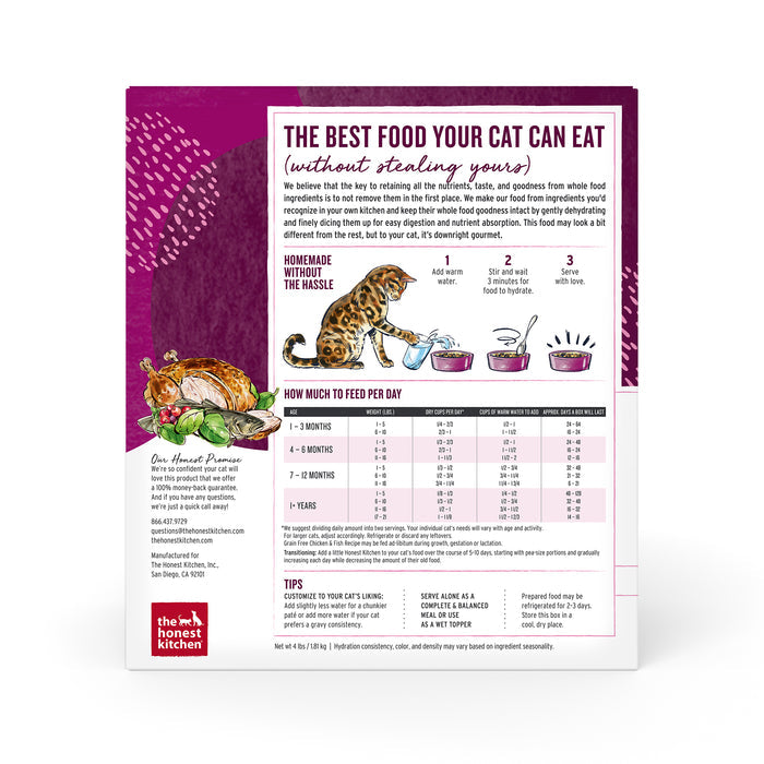 On the back of The Honest Kitchens Dehydrated Chicken & Fish Cat Food package, find feeding guidelines, a cat drawing near food bowls, tips on choosing grain-free, human-grade cat food, and text highlighting The Best Food Your Cat Can Eat (without stealing yours).