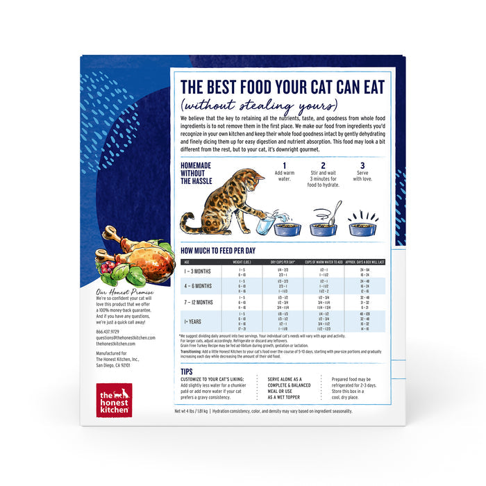 Back of the Dehydrated Grain Free Turkey Cat Food package showcases a feeding guide by age, cat illustration near bowls, and an ingredient description. It emphasizes a grain-free recipe using whole foods and human-grade ingredients. Blue and white design with The Honest Kitchen logo at the bottom.