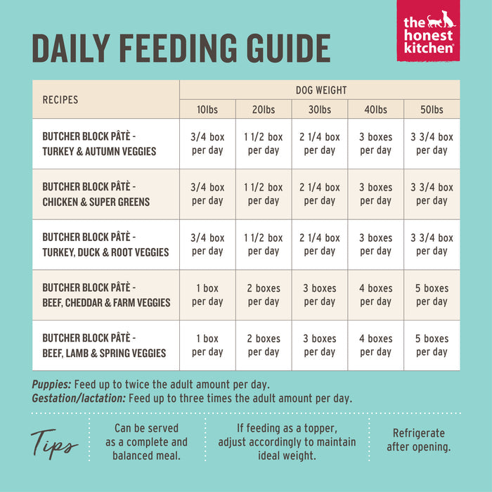 The Honest Kitchens Beef, Cheddar & Veggies Wet Dog Food offers a daily feeding guide with flavors such as ranch-raised beef. It includes servings for dogs weighing 10 to 50 lbs and provides tips on feeding, refrigeration, and incorporating whole foods in a human-grade diet.