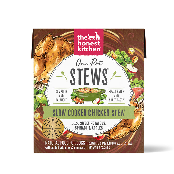 A box of The Honest Kitchen Chicken Stew Wet Dog Food with cage-free chicken, sweet potatoes, spinach, and apples offers a complete and balanced diet for all life stages, enriched with vitamins and minerals.