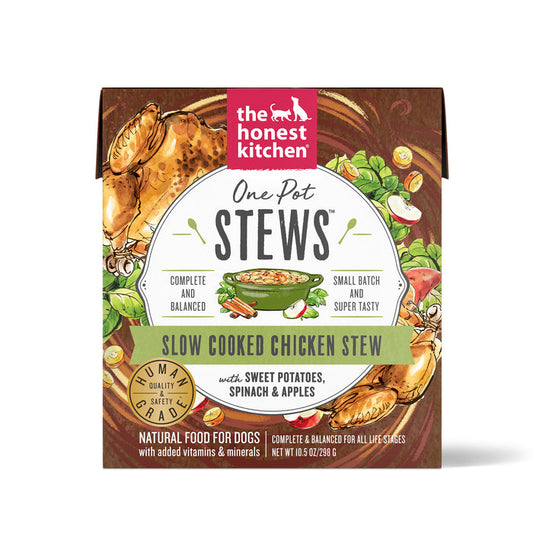 A box of The Honest Kitchen Chicken Stew Wet Dog Food with cage-free chicken, sweet potatoes, spinach, and apples offers a complete and balanced diet for all life stages, enriched with vitamins and minerals.