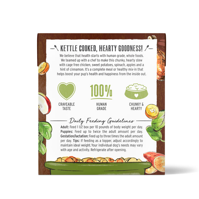 The Honest Kitchen Chicken Stew Wet Dog Food features cage-free chicken, kettle-cooked whole foods like sweet potatoes, spinach, and apples. It boasts a tasty, human-grade, chunky texture with feeding guidelines for adults and puppies included to ensure nutritious meals.