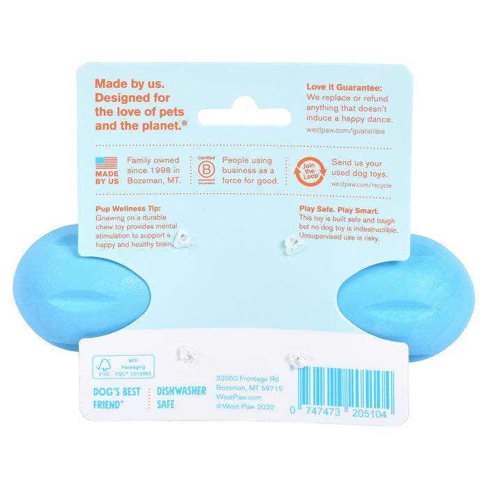 The image shows a blue Dog’s Best Friend package with the West Paw Hurley® Super Chewers Dog Bone Toy, highlighting its non-toxic, dishwasher-safe design made in Bozeman, MT. It emphasizes sustainability, offers a satisfaction guarantee, and helps reduce pet anxiety and boredom.