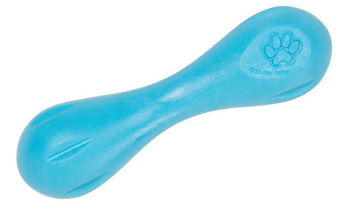 The Hurley® Super Chewers Dog Bone Toy by West Paw is a non-toxic, blue bone-shaped toy with subtle grooves and paw print details. Its dishwasher-safe, made from zero-waste plastic, and helps reduce pet anxiety and boredom—perfect for your furry friend.