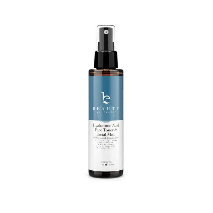 Showcased is a blue and black 3.5 fl oz (100 ml) bottle of Beauty by Earths Hyaluronic Acid Toner, promoting a youthful complexion with its hydrating and refreshing properties, suitable for all skin types.