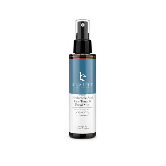 Showcased is a blue and black 3.5 fl oz (100 ml) bottle of Beauty by Earths Hyaluronic Acid Toner, promoting a youthful complexion with its hydrating and refreshing properties, suitable for all skin types.