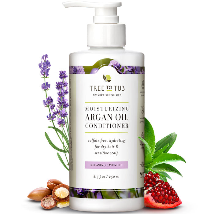 Tree To Tubs Hydrating Argan Oil Conditioner for Dry Hair & Scalp, 8.5 fl oz (250 ml), offers a sulfate-free solution adorned with lavender, argan nuts, aloe, and pomegranate illustrations highlighting its nourishing properties.