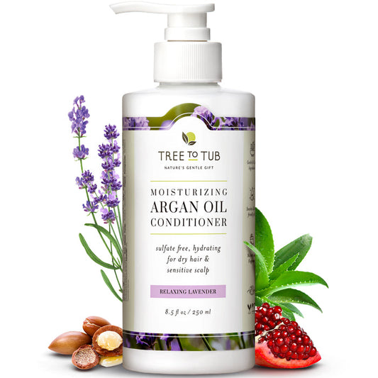 Tree To Tubs Hydrating Argan Oil Conditioner for Dry Hair & Scalp, 8.5 fl oz (250 ml), offers a sulfate-free solution adorned with lavender, argan nuts, aloe, and pomegranate illustrations highlighting its nourishing properties.