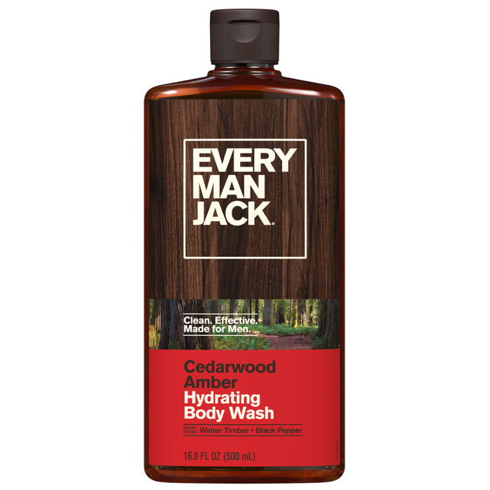 A 16.9 fl oz bottle of Every Man Jack Hydrating Body Wash for Men, with a brown wood-textured label, forest imagery, and a red accent highlighting details and scent—made with naturally derived ingredients for effective moisturization as part of the brand’s top-quality men’s grooming collection.