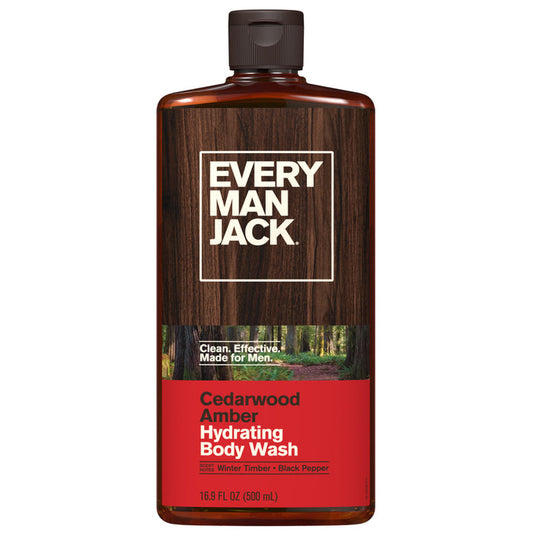 A 16.9 fl oz bottle of Every Man Jack Hydrating Body Wash for Men, with a brown wood-textured label, forest imagery, and a red accent highlighting details and scent—made with naturally derived ingredients for effective moisturization as part of the brand’s top-quality men’s grooming collection.