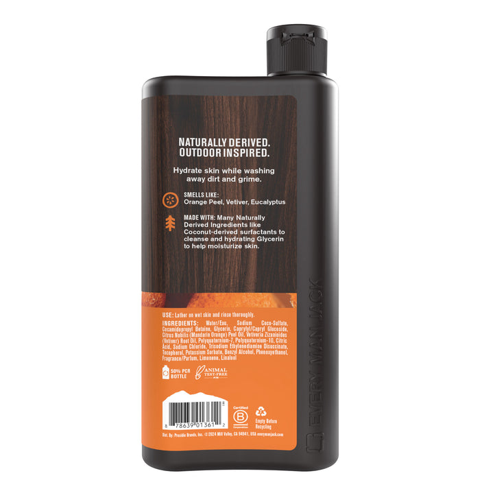 A black Every Man Jack Body Wash with a woodgrain label highlights natural ingredients and scents of orange peel, vetiver, and eucalyptus. Outdoor inspiration and moisturizing details are featured on the back.