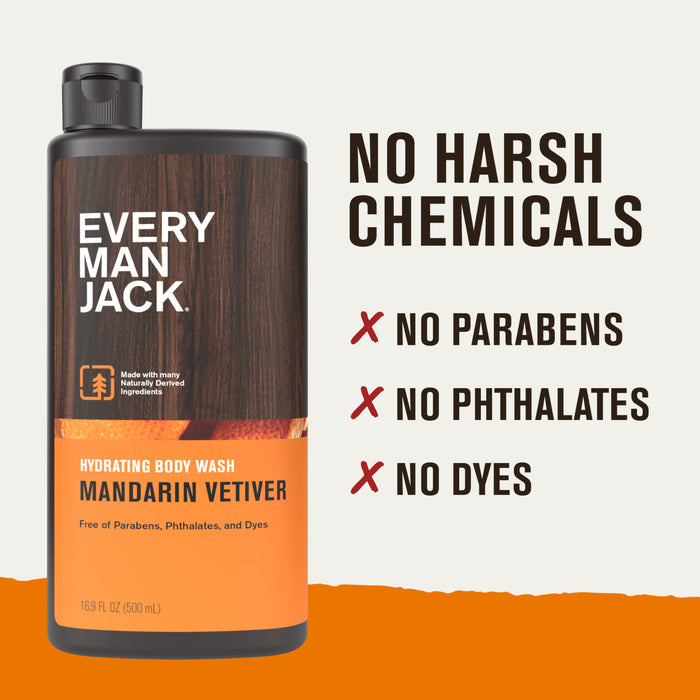 Every Man Jack Body Wash is shown with text: No harsh chemicals, parabens, phthalates, or dyes. This body wash moisturizes skin and delivers a deep clean.