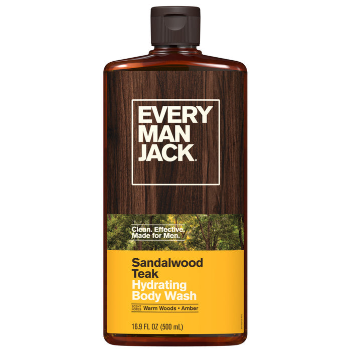 A 16.9 fl oz (500 mL) bottle of Every Man Jack Hydrating Body Wash for Men, highlighted by a wood-textured label and a yellow band displaying product details. This moisturizing body wash is crafted as an essential grooming product designed specifically for men.
