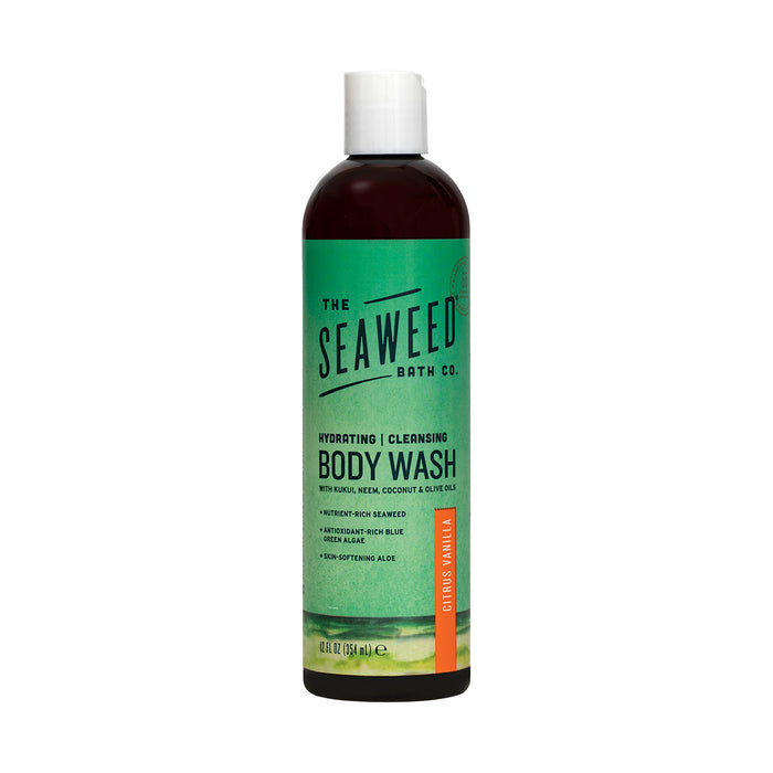 The Seaweed Bath Cos Hydrating Cleansing Body Wash, with a green label, features oils infused with blue green algae, neem, seaweed extract, and olive oil. Its citrus vanilla scent offers a refreshing and revitalizing experience.