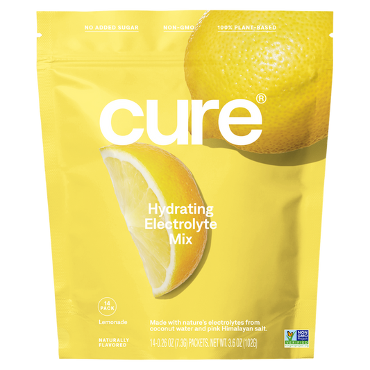 Cure Hydrations yellow drink mix bag features a lemon design, offering hydration with no added sugar. Its non-GMO and 100% plant-based. This 14-pack lemonade flavor ensures rapid absorption using coconut water and pink Himalayan salt for optimal electrolytes.
