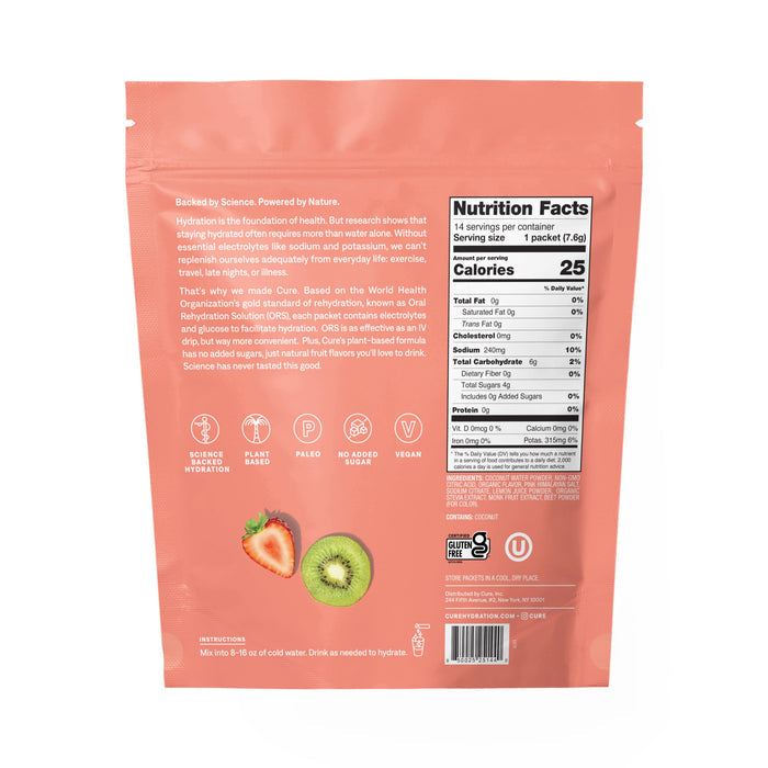 A peach-colored Cure Hydration packet with a transparent window displays dried kiwi and strawberry pieces. Nutrition facts highlight plant-based and vegan qualities. As the Hydrating Electrolyte Drink Mix, it promises rapid absorption and hydration when mixed with water.