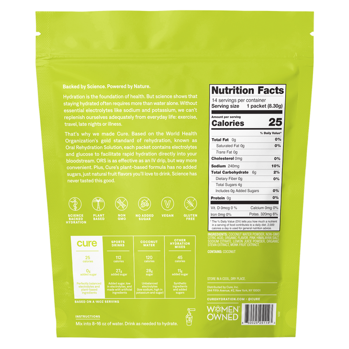 The back of Cure Hydrations green package displays product details, including nutrition facts with 25 calories per serving and features like gluten-free, vegan, non-GMO, and women-owned. It highlights science-based hydration with ingredients like Pink Himalayan Salt in this Hydrating Electrolyte Drink Mix.