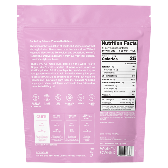 A pink resealable package of Cure Hydrations Hydrating Electrolyte Drink Mix highlights its rapid absorption formula. The front shows icons for non-GMO, gluten-free, vegan, paleo-friendly attributes and organic coconut water. It has no added sugars, with clear nutrition facts displayed.
