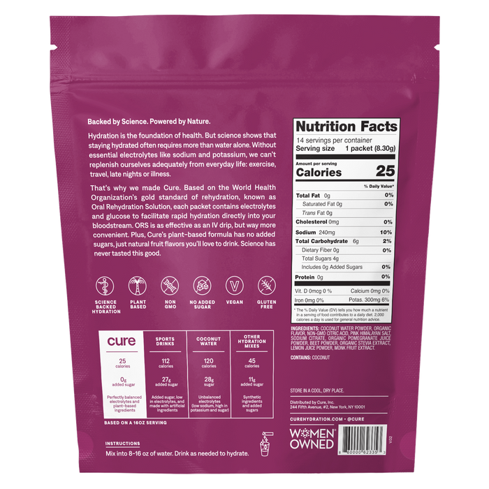 On the back of a pink packet labeled Cure Hydration, youll find information like Backed by Science. Powered by Nature and Nutrition Facts. The Hydrating Electrolyte Drink Mix is gluten-free, non-GMO, organic, and vegan. Enjoy fast absorption with our hydration guide: mix this powder with water.