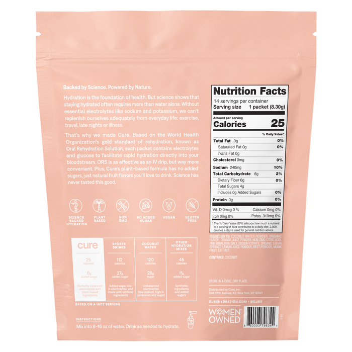The image features the back of a pink Cure Hydration Electrolyte Drink Mix package, showcasing nutrition facts and highlights like no sugar, vegan, gluten-free. It emphasizes rapid absorption, being science-based and women-owned, with serving suggestions and contact details.