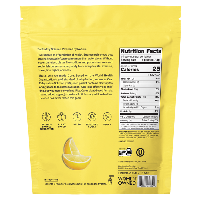 A yellow Cure Hydration Hydrating Electrolyte Drink Mix packet highlights rapid absorption, electrolytes, nutrition facts, ingredients, gluten-free, vegan, and non-GMO certifications. It features a lemon slice image at the bottom.