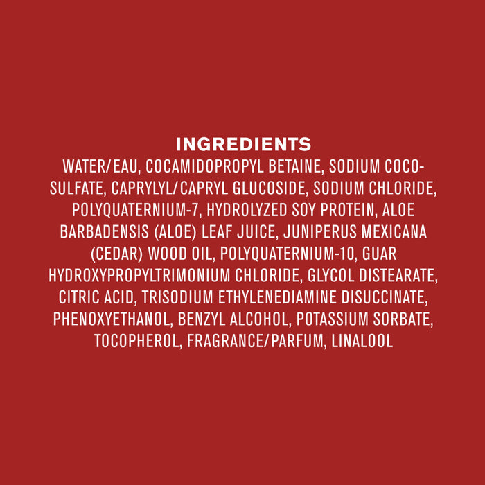 A red background features a list of ingredients in white text for the Every Man Jack 3-in-1 All Over Wash, highlighting coconut-derived surfactants such as cocamidopropyl betaine and sodium coco-sulfate.