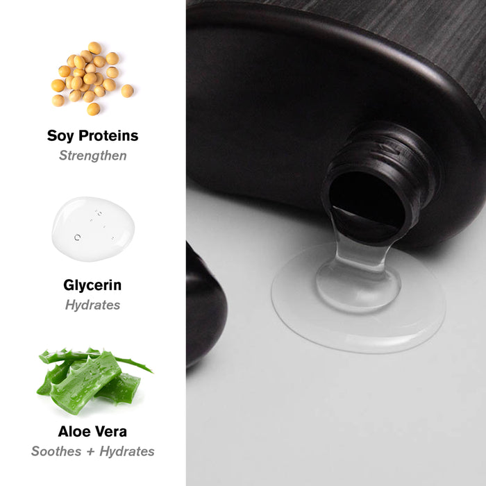 A bottle labeled Every Man Jack 3-in-1 All Over Wash is spilled, showcasing its ingredients: soy proteins for strength, glycerin for hydration, and soothing aloe vera. Illustrations highlight each component, with coconut-derived surfactants adding a gentle touch.