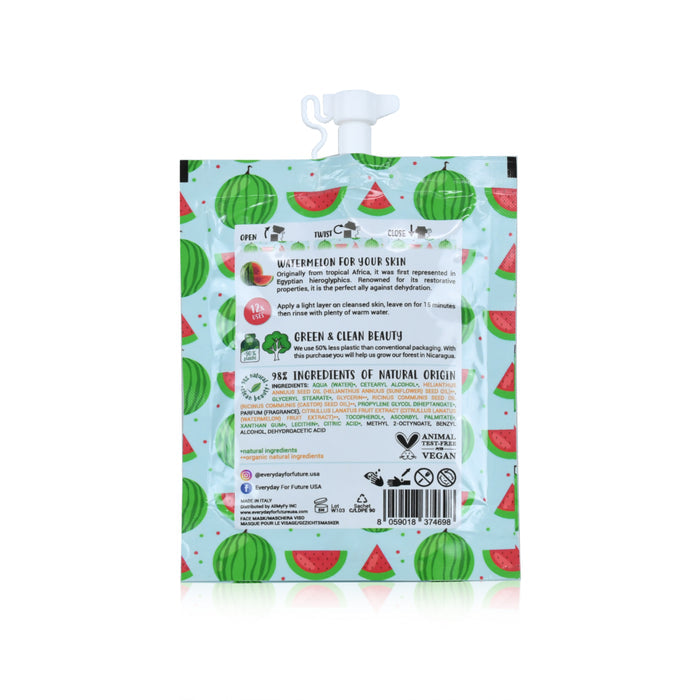 The Splashymelon Face Mask by Everyday For Future is presented in a standing pouch with a spout, featuring a vibrant watermelon design. It details vegan skincare with eco-friendly certifications, using 95% natural ingredients for glowing skin.