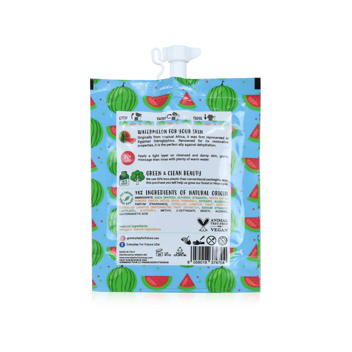 The vibrant Splashmelon pouch by Everyday For Future features whimsical watermelon designs on a light blue background. It includes a white cap, detailed natural ingredients text, and highlights the vegan benefits of the Face Scrub.