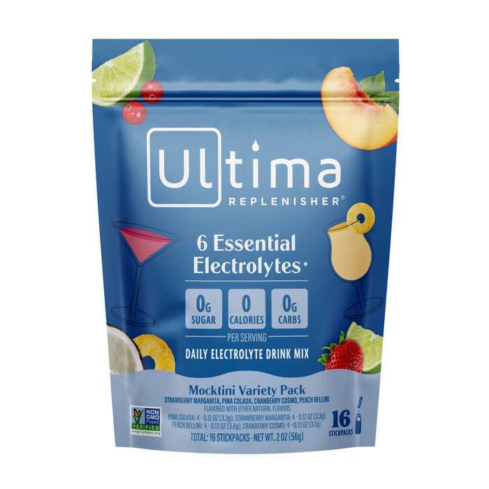 The Hydration Electrolyte Pouch - Mocktini Drink Mix, Variety Pack by Ultima Replenisher comes in a resealable pouch with fruit images, the Ultima logo, and labels for 0g sugar, 0 calories, and 0g carbs per serving.