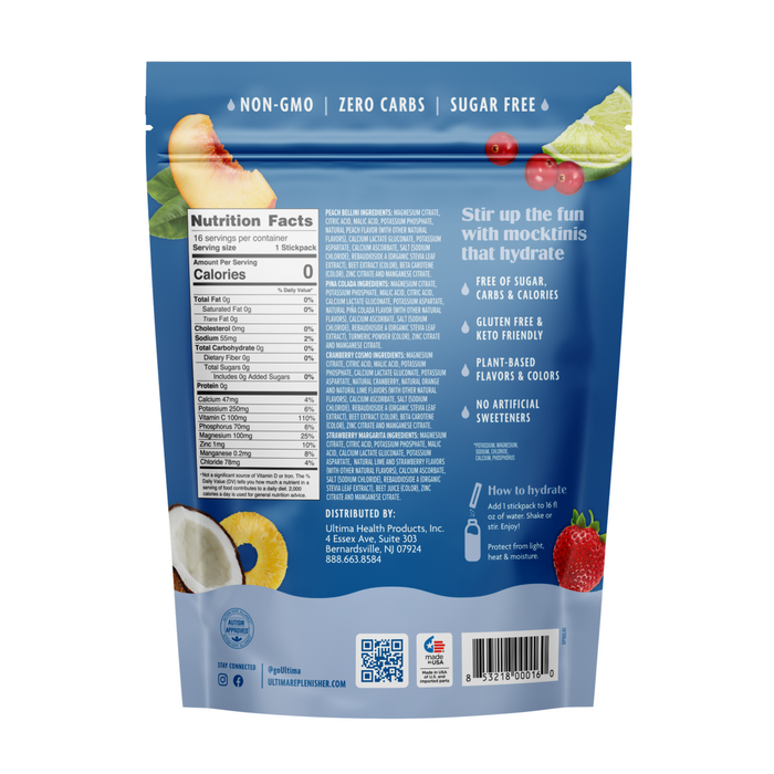 Back of Ultima Replenisher Hydration Electrolyte Pouch – Mocktini Drink Mix Variety Pack with colorful fruit images, nutrition facts, benefits, prep instructions, and distribution info.