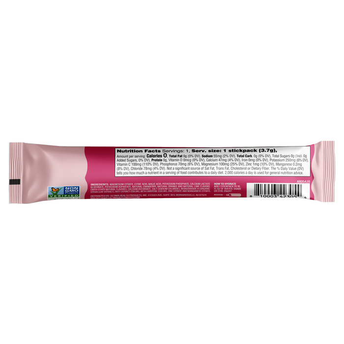 The back of the Ultima Replenisher Hydration Electrolyte Pouch - Mocktini Drink Mix, Variety Pack features a maroon and pink design with a centered nutrition facts label. It includes certification logos like the Non-GMO Project Verified stamp and highlights its sugar-free formula.
