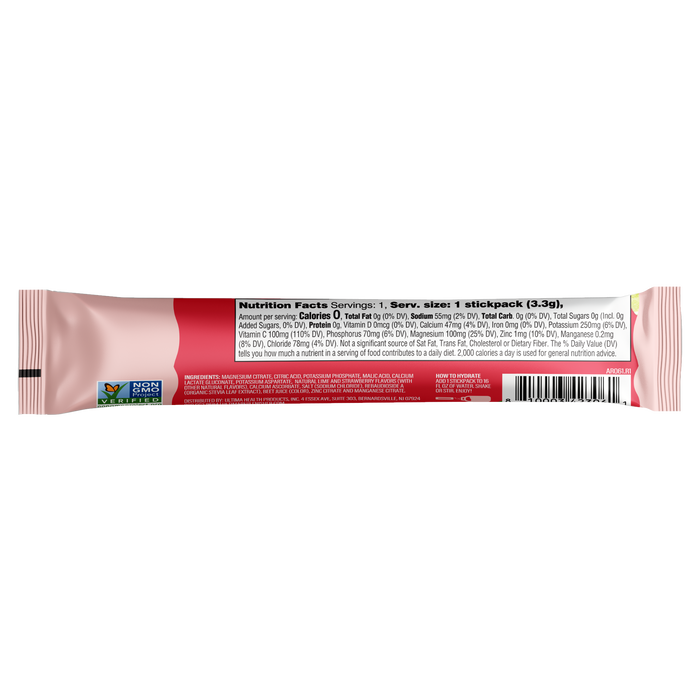 The image shows the back of a snack-sized package with a red section listing nutrition facts and ingredients. Logos for Non-GMO Project Verified are present. Ideal for health enthusiasts, this sugar-free mix pairs perfectly with your Ultima Replenisher Hydration Electrolyte Pouch - Mocktini Drink Mix, Variety Pack.
