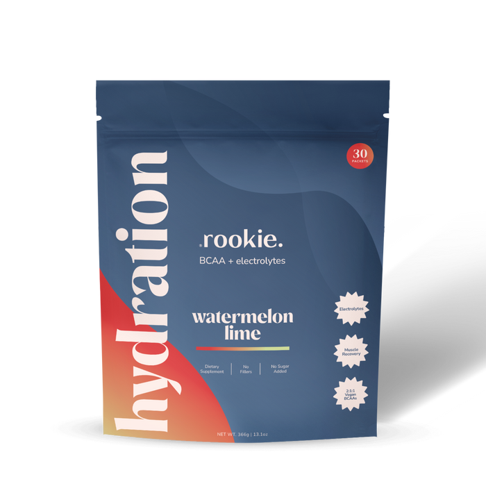Rookie Wellness Hydration Support + Electrolytes with BCAA is a blue and red pouch supplement featuring watermelon lime flavor, 30 servings, no sugar added, and gluten-free.