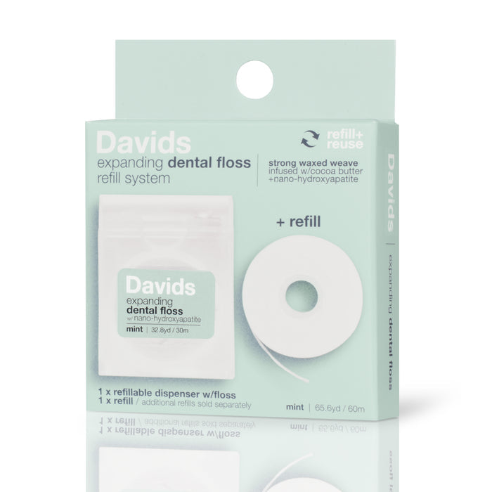 Explore Davids Expanding Dental Floss and Refill with Hydroxyapatite, featuring a refillable dispenser. Infused with mint, cocoa butter, nano-hydroxyapatite, and vegan wax for an eco-friendly and refreshing oral care experience.