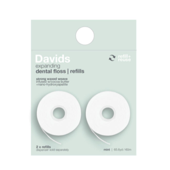 Davids Expanding Dental Floss features two mint-infused, eco-friendly refills in a strong waxed weave with cocoa butter and nano-hydroxyapatite for excellent oral hygiene. Dispenser not included.
