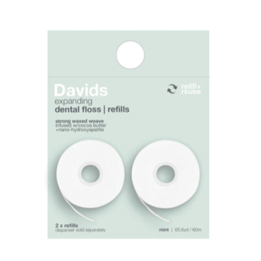 Davids Expanding Dental Floss features two mint-infused, eco-friendly refills in a strong waxed weave with cocoa butter and nano-hydroxyapatite for excellent oral hygiene. Dispenser not included.