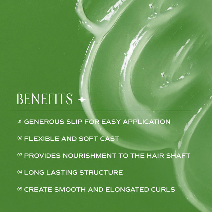 The image features a green background with white text listing benefits of a hair product: generous slip, flexible cast, nourishment, lasting structure, and smooth curls. The background has a shiny, creamy texture.