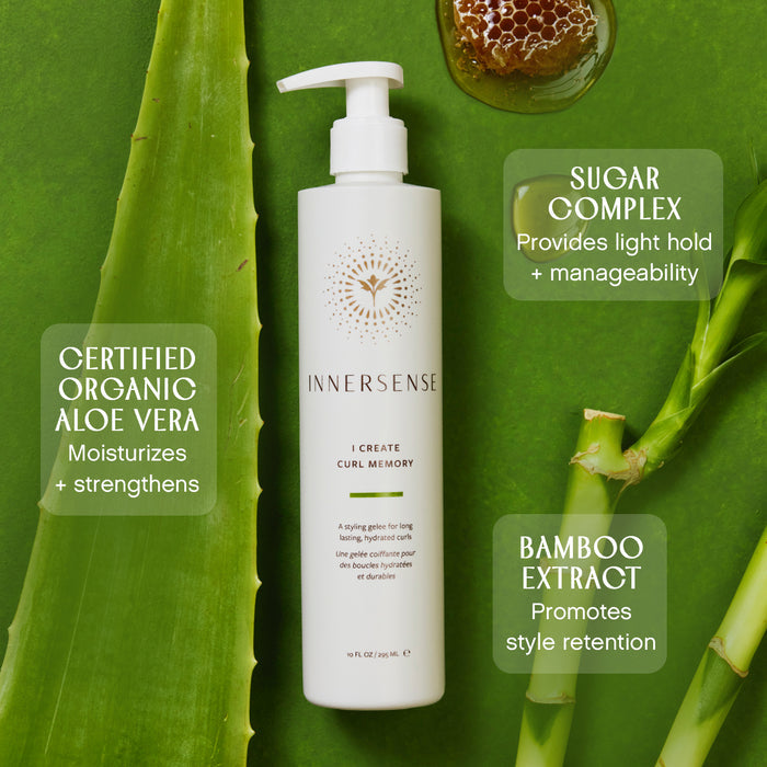 A bottle of Innersense "I Create Curl Memory" gel on a green background, surrounded by aloe leaves. Text highlights ingredients: Sugar Complex (provides hold), Certified Organic Aloe Vera (moisturizes), Bamboo Extract (promotes style retention).