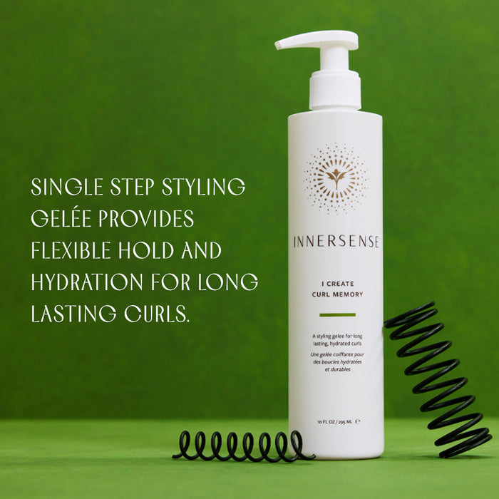 A bottle of Innersense I Create Curl Memory styling gelée is displayed against a green background. The text highlights its benefits for flexible hold and hydration for curls. Two black spiral hair ties are placed beside the bottle.
