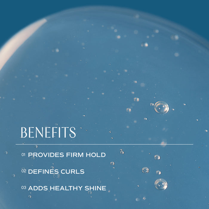 Close-up of a gel with bubbles against a blue background. Text on the left lists benefits: "01 Provides Firm Hold, 02 Defines Curls, 03 Adds Healthy Shine.