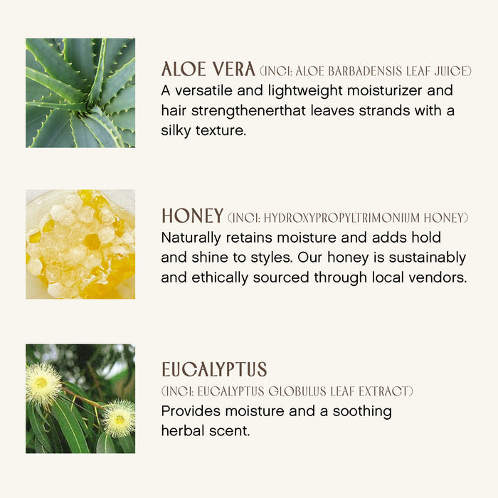A trio of nature-themed product descriptions featuring Aloe Vera, Honey, and Eucalyptus. Each includes an image and details on its benefits: Aloe Vera for moisture and texture, Honey for shine and moisture, and Eucalyptus for a soothing scent.