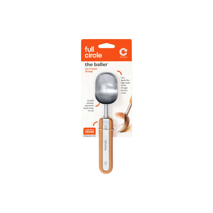 The Full Circle Ice Cream Scoop packaging features a stainless steel scoop with a bamboo handle and ergonomic grip, is labeled as earth-friendly and waste-reducing, is dishwasher safe, and attached to cardboard backing.