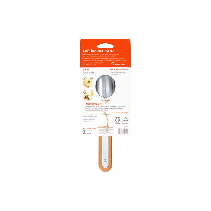 The Full Circle Ice Cream Scoop features a wooden handle and a stainless steel circular end. It comes in a cardboard sleeve adorned with dishwasher-safe details and images of food preparation.