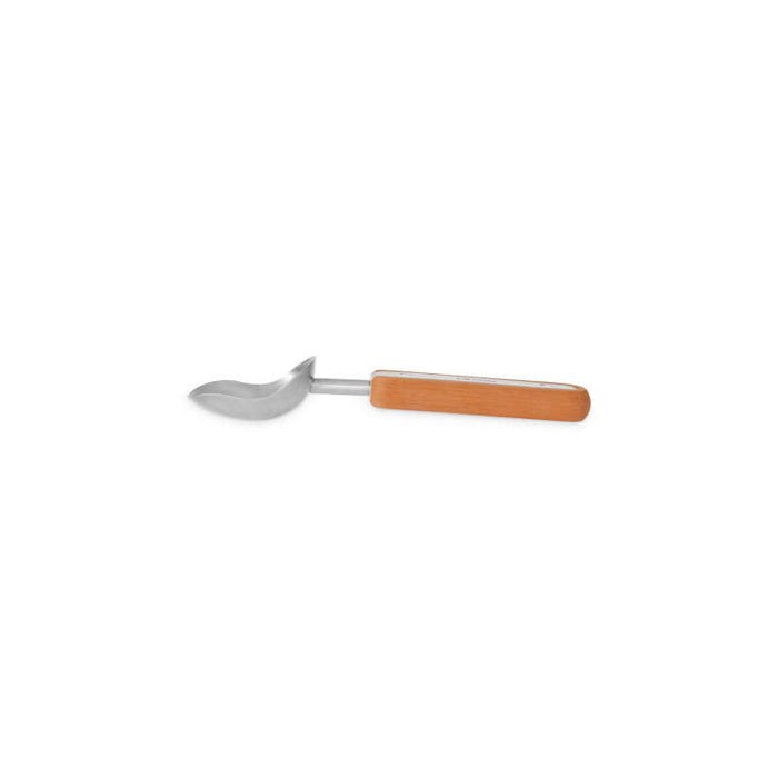 The Full Circle Ice Cream Scoop features a stainless steel curved blade and a wooden handle, ideal for serving or portioning ice cream. Its elegant design is showcased on a white background, and it is dishwasher safe for added convenience.