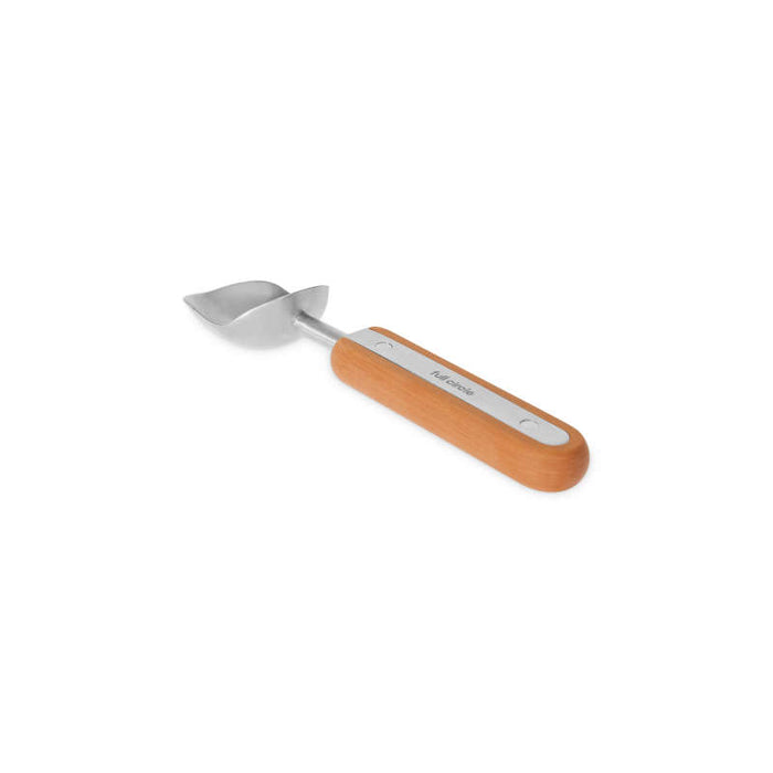 The Full Circle Ice Cream Scoop, featuring a stainless steel leaf-shaped blade and light wooden handle with embedded metal strip, is perfect for serving desserts. Versatile and dishwasher-safe, its showcased diagonally against a plain white background.