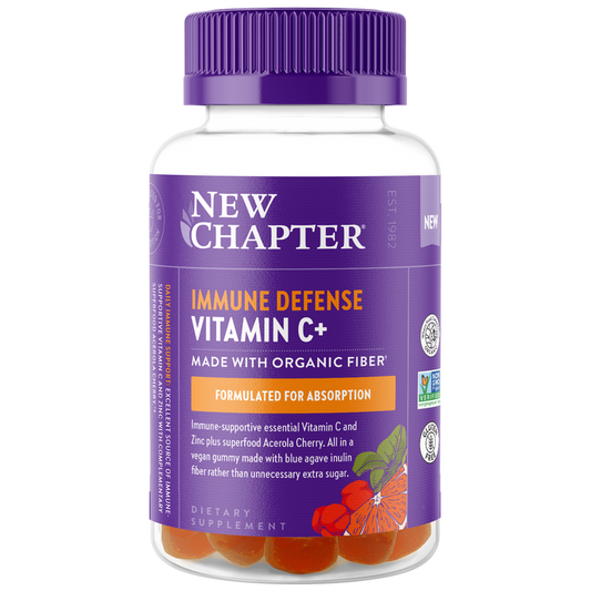 The Immune Defense Vitamin C+ Gummy from New Chapter features a purple cap and vibrant orange gummies with organic Blue Agave fiber, crafted to enhance absorption. The label displays cherries and oranges, all designed to support immune defense.