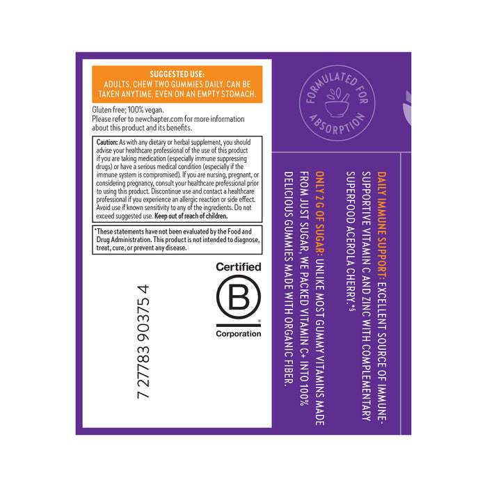 The New Chapter Immune Defense Vitamin C+ Gummy label, bordered in purple, advises adults to chew two gummies daily, even on an empty stomach. Certified organic Blue Agave fiber supports immune health. The barcode is bottom left; warnings and certifications are on the right.